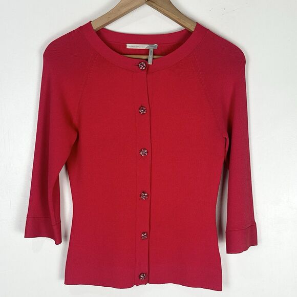 Classiques Entier Red Flower Jeweled Button Cardigan Petite Small Feminine Chic - Picture 2 of 9